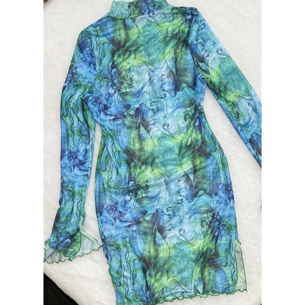 Women's Blue Green Floral Mesh Bodycon Dress Long Sleeve Mock Neck
